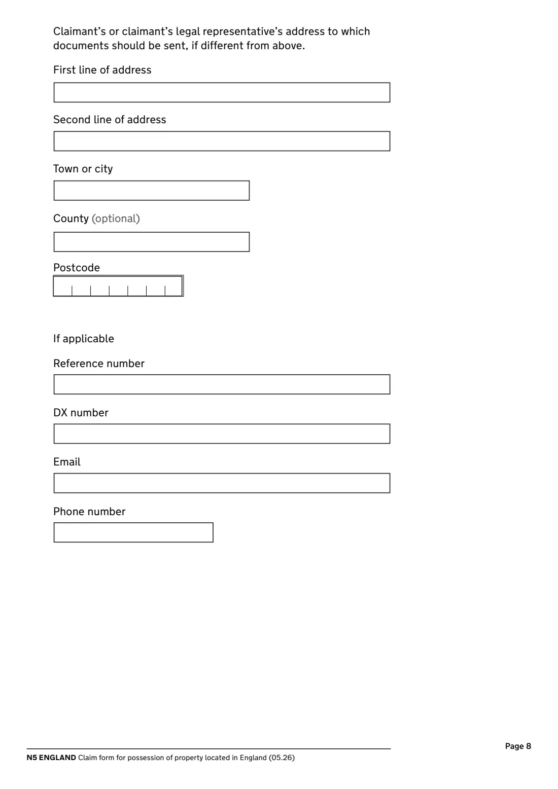 N5 Possession claim (England) (2026) Claim form for possession of property located in England (N5 England) — page 8 of 8