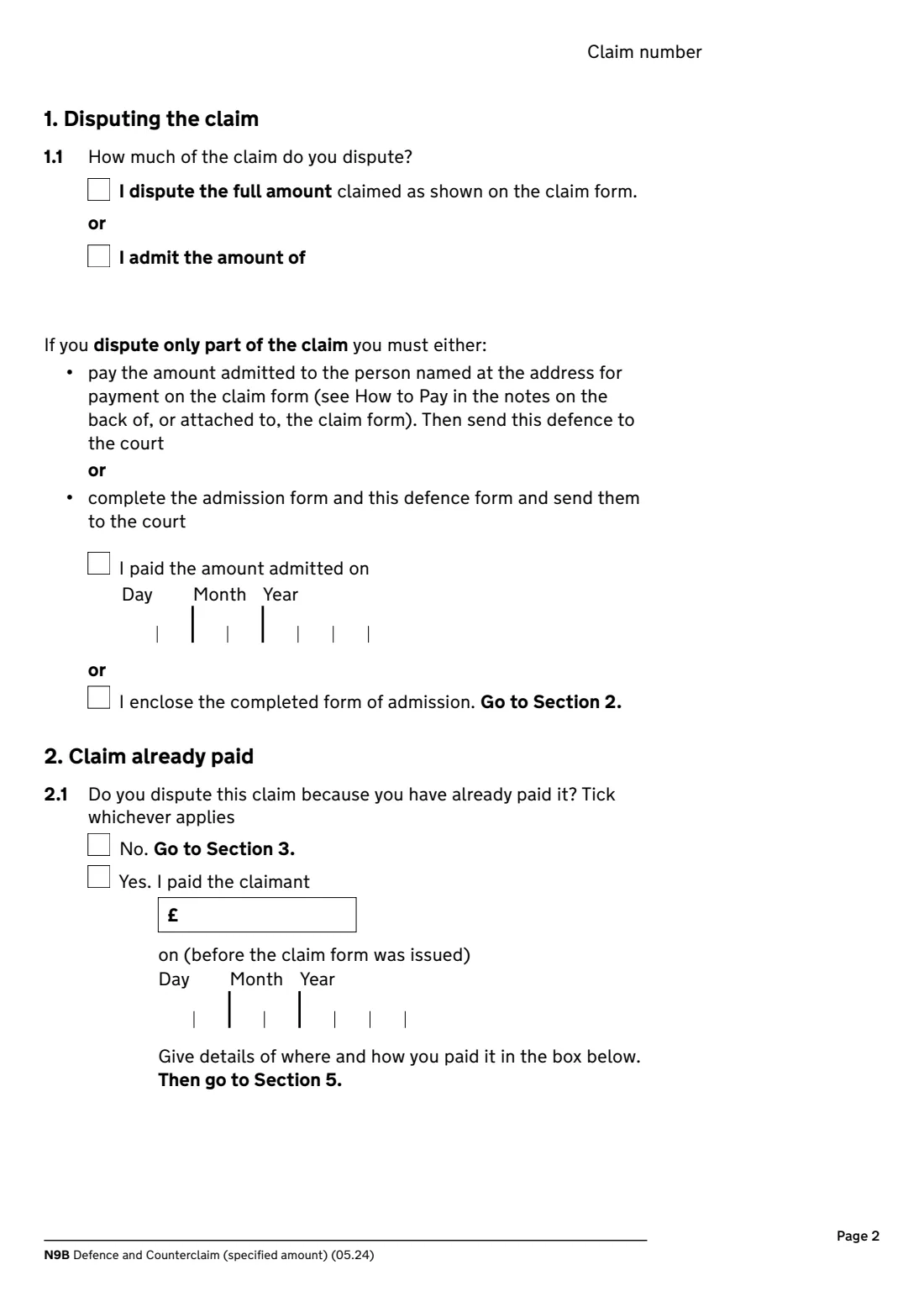 N9B Defence and counterclaim (2024) Defence and Counterclaim (specified amount) (N9B) — page 2 of 6