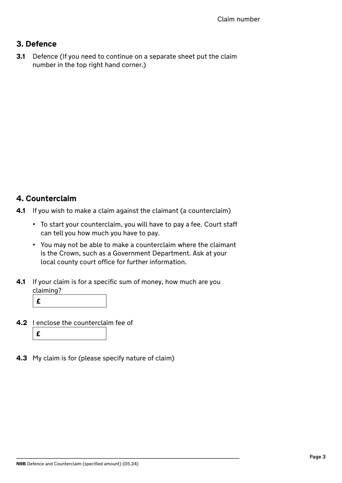 N9B Defence and counterclaim (2024) Defence and Counterclaim (specified amount) (N9B) — page 3 of 6