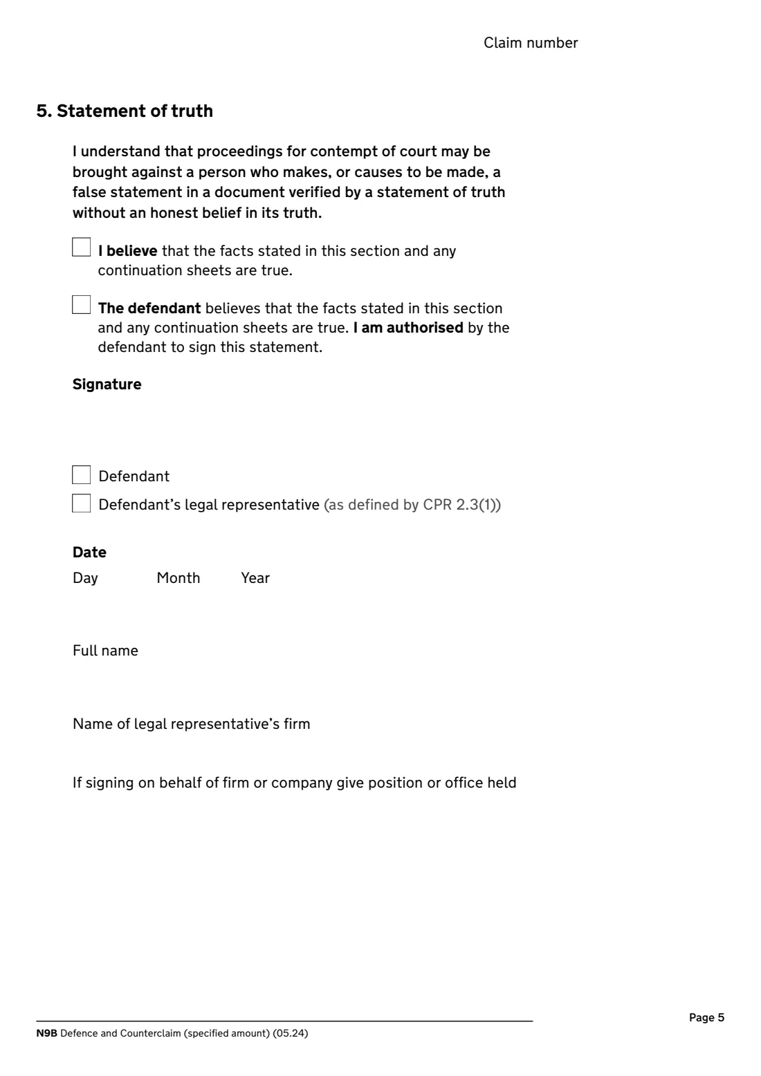 N9B Defence and counterclaim (2024) Defence and Counterclaim (specified amount) (N9B) — page 5 of 6