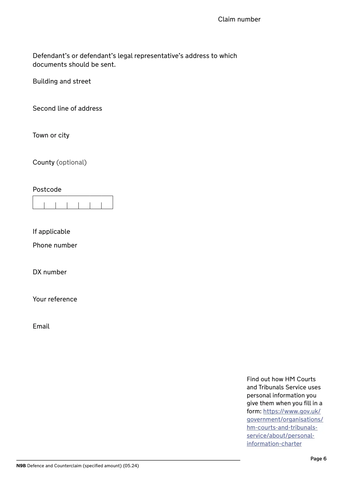N9B Defence and counterclaim (2024) Defence and Counterclaim (specified amount) (N9B) — page 6 of 6