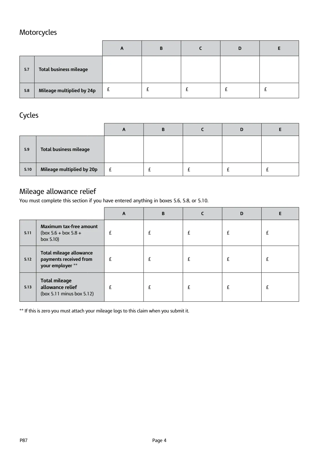 P87 Employment expenses claim (2026) Tax relief for expenses of employment — page 4 of 8