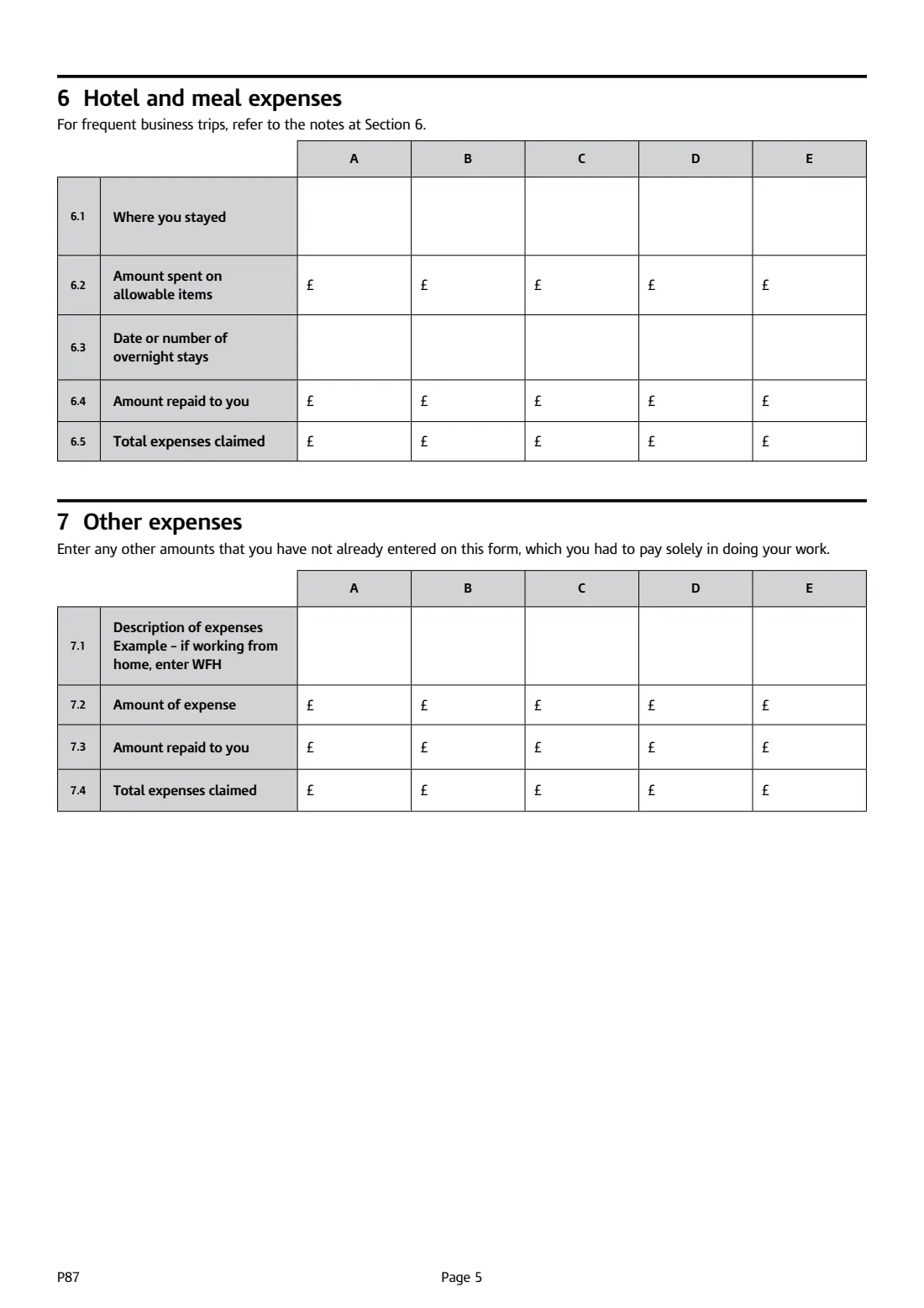 P87 Employment expenses claim (2026) Tax relief for expenses of employment — page 5 of 8
