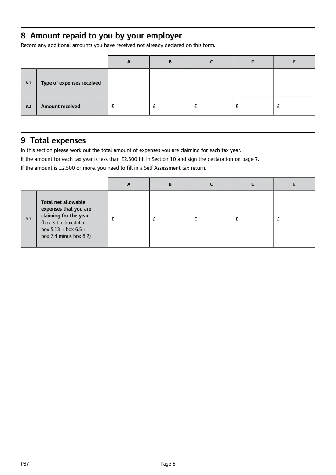 P87 Employment expenses claim (2026) Tax relief for expenses of employment — page 6 of 8