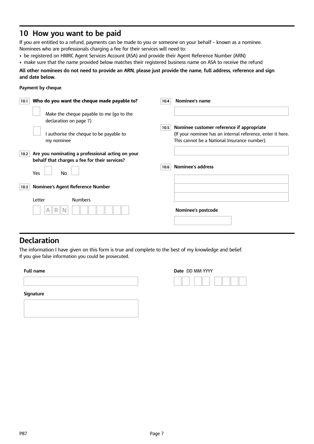 P87 Employment expenses claim (2026) Tax relief for expenses of employment — page 7 of 8