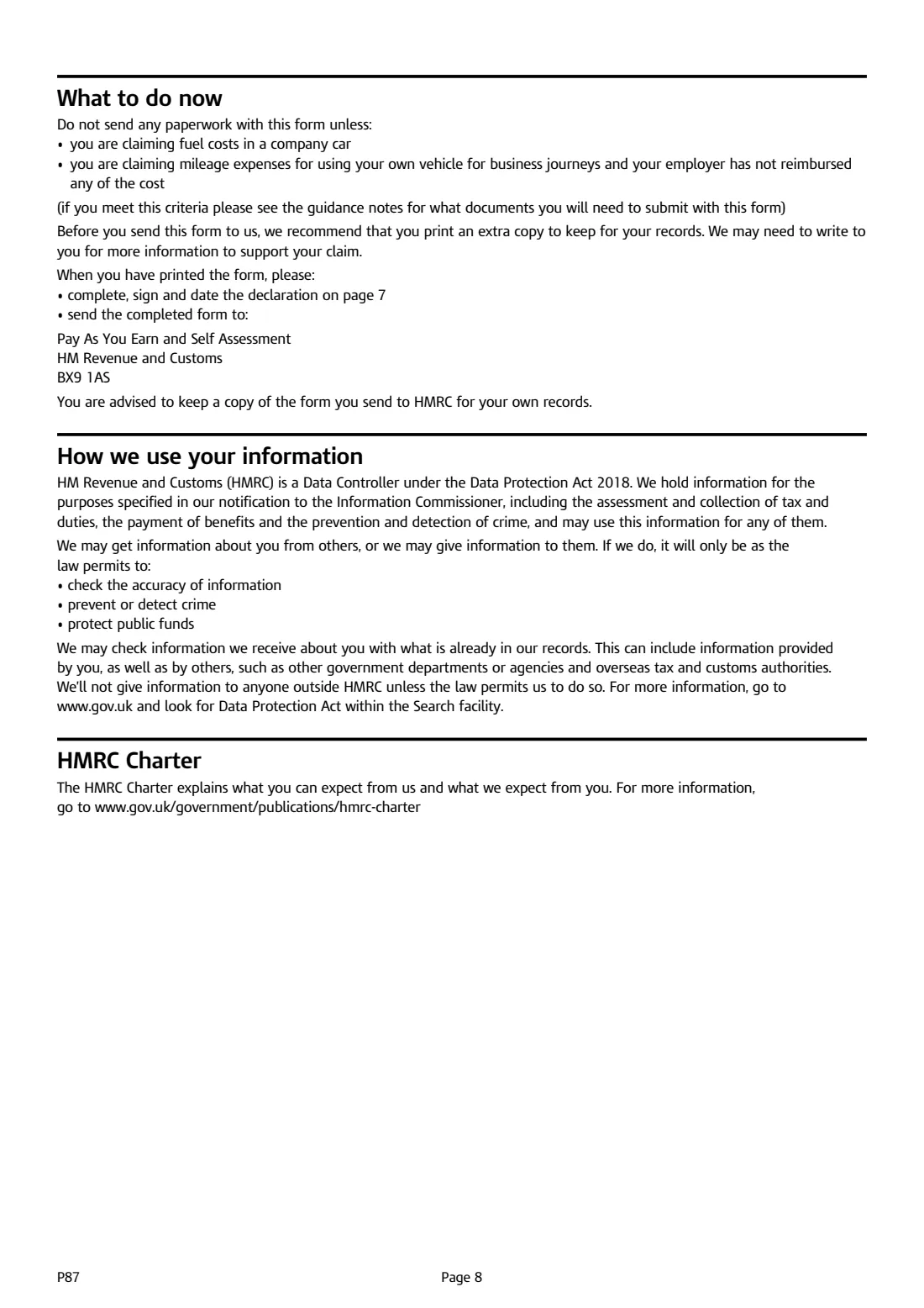 P87 Employment expenses claim (2026) Tax relief for expenses of employment — page 8 of 8