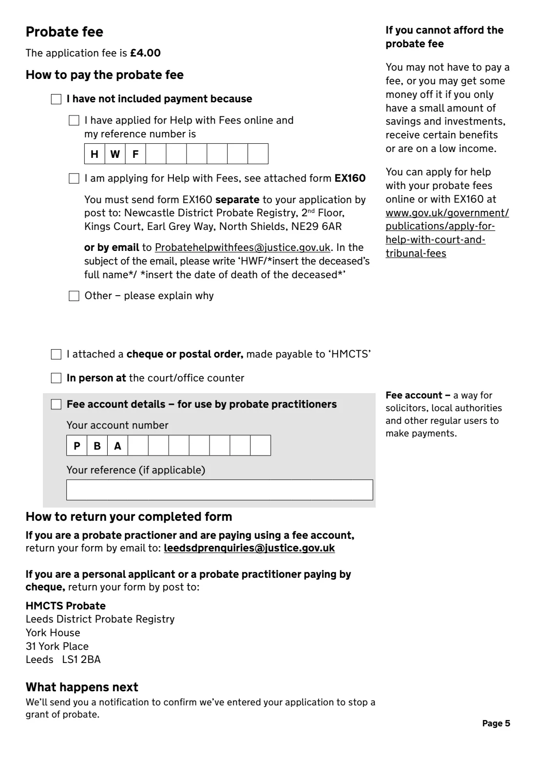 PA8A Caveat (stop a grant of probate) (2026) Application to enter a caveat on a grant of representation (PA8A) — page 5 of 5