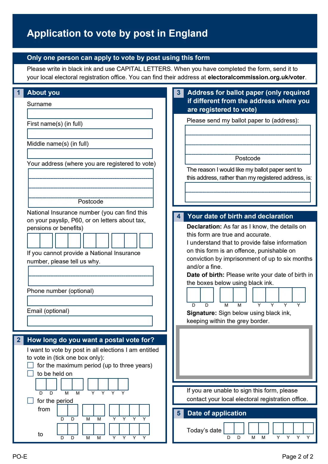 PO-E Postal vote (England) (2026) Application to vote by post in England — page 2 of 2