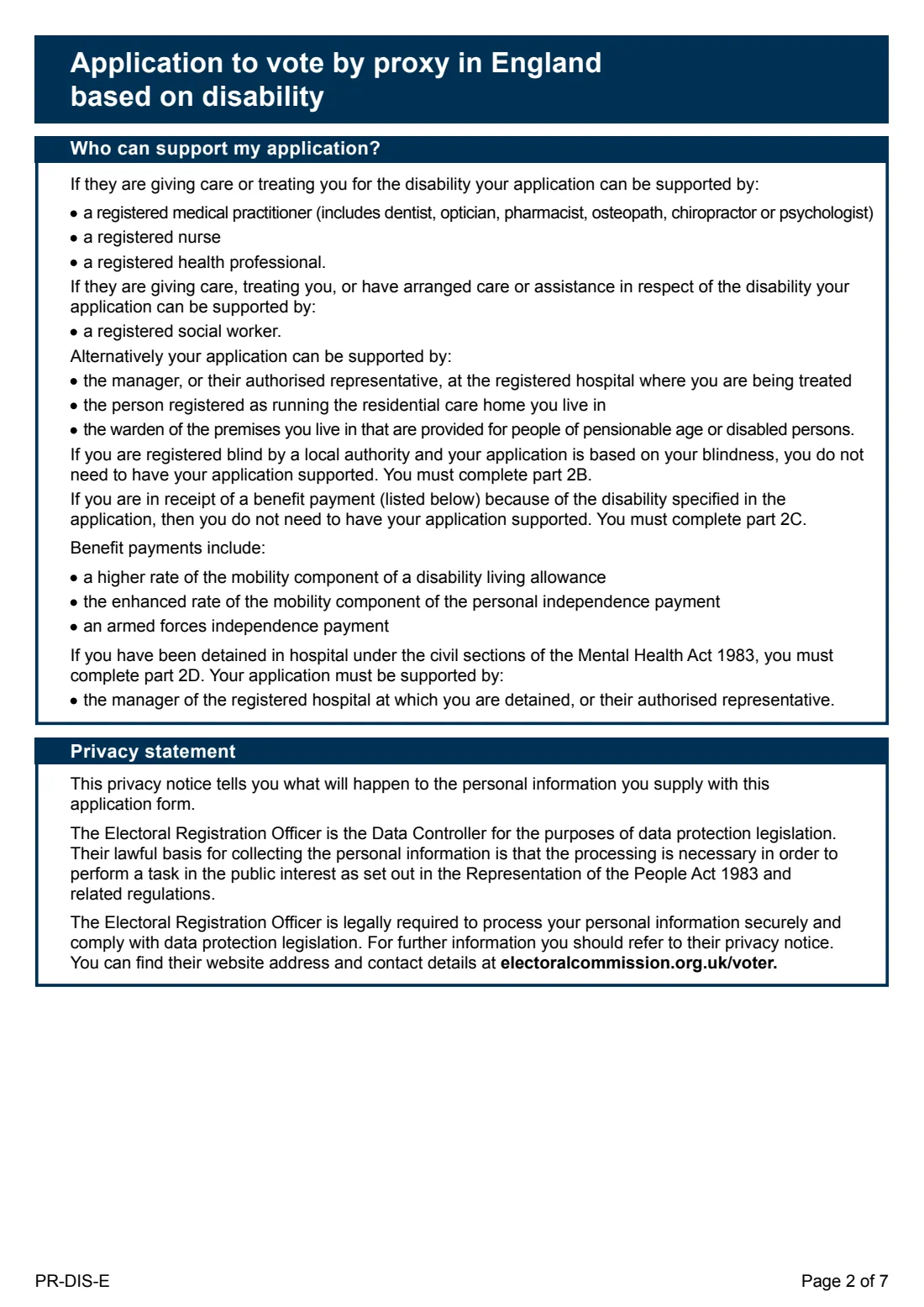 PR-DIS-E Proxy vote, disability (England) (2024) Application to vote by proxy in England based on disability — page 2 of 7