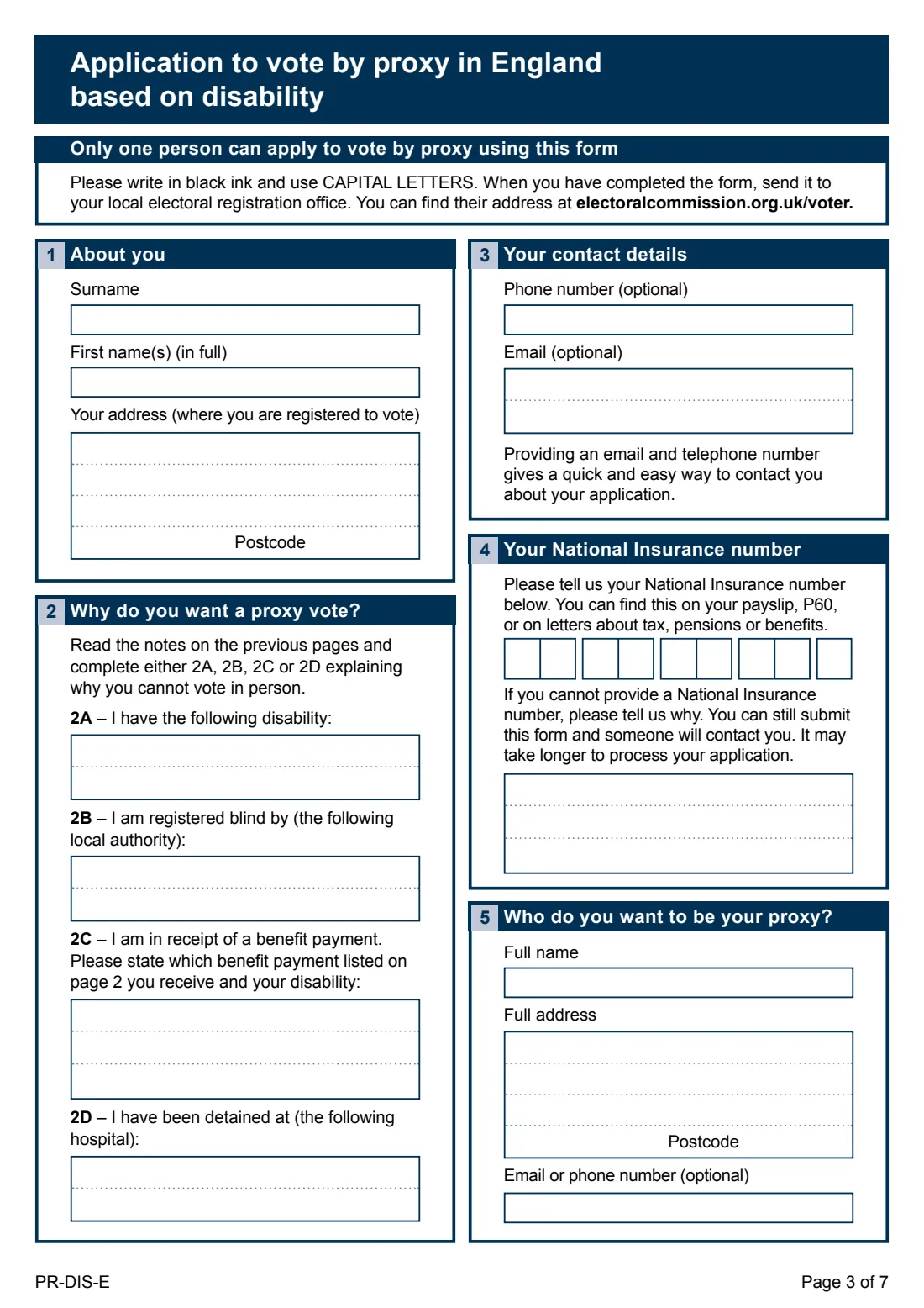 PR-DIS-E Proxy vote, disability (England) (2024) Application to vote by proxy in England based on disability — page 3 of 7