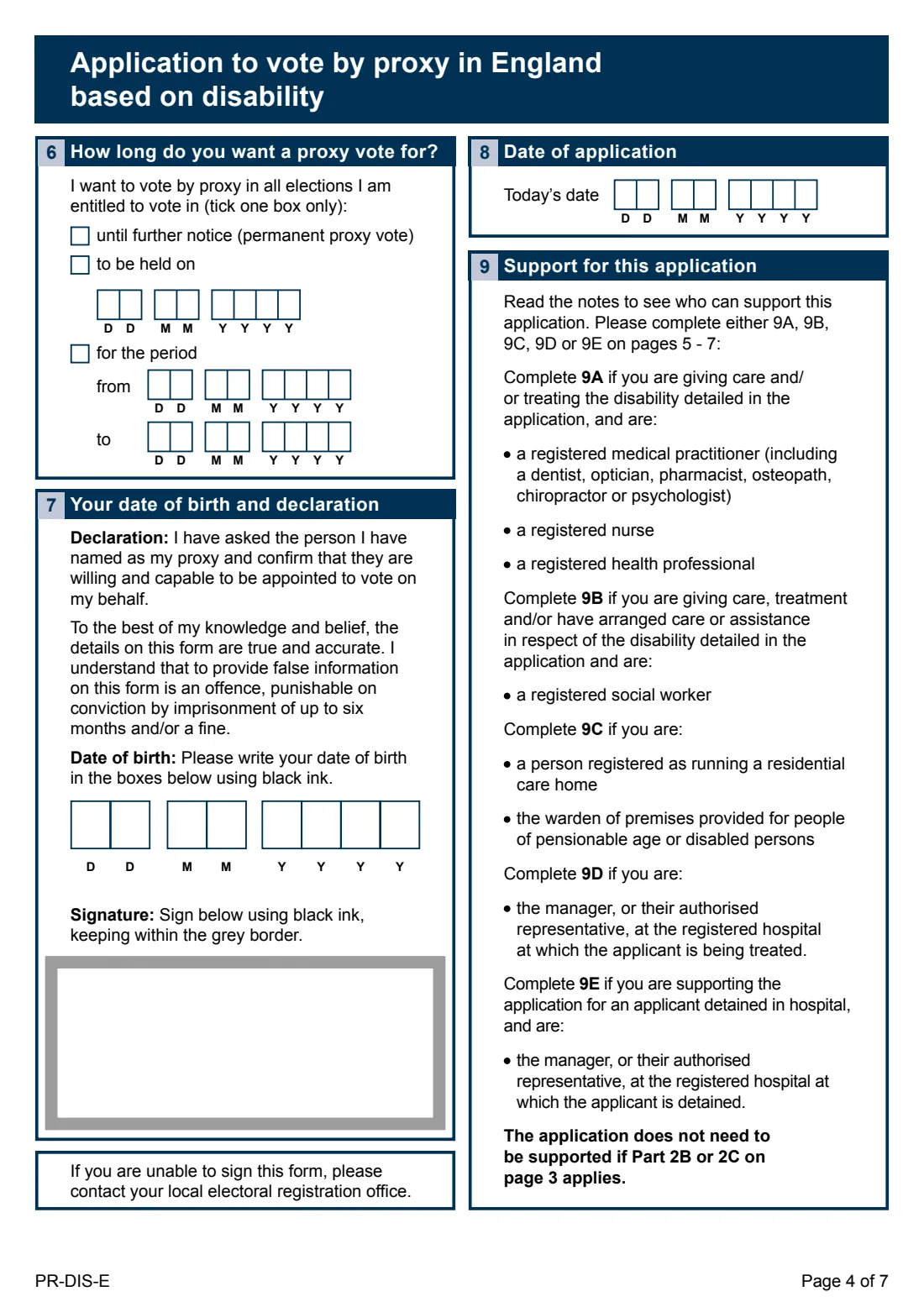 PR-DIS-E Proxy vote, disability (England) (2024) Application to vote by proxy in England based on disability — page 4 of 7