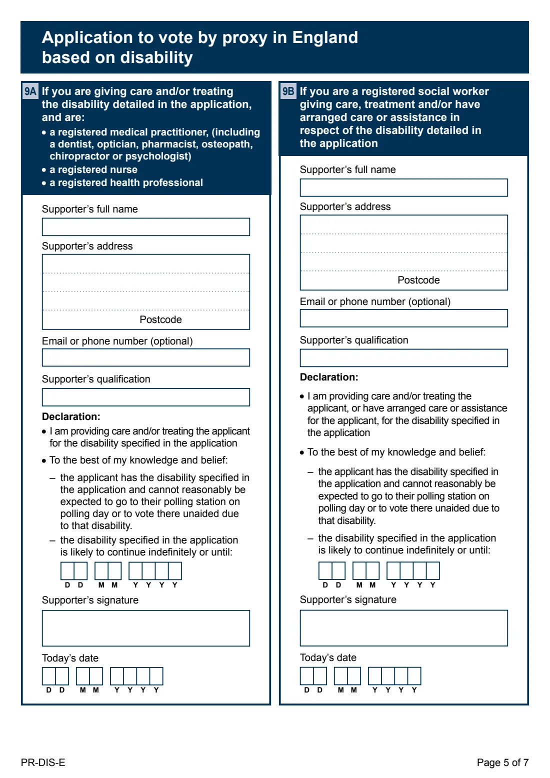 PR-DIS-E Proxy vote, disability (England) (2024) Application to vote by proxy in England based on disability — page 5 of 7