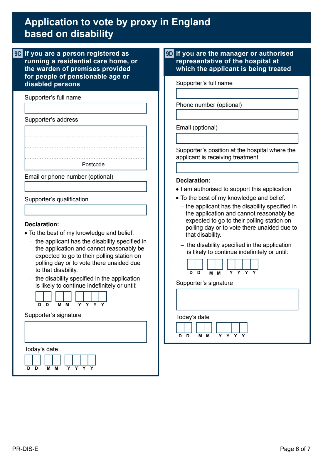 PR-DIS-E Proxy vote, disability (England) (2024) Application to vote by proxy in England based on disability — page 6 of 7