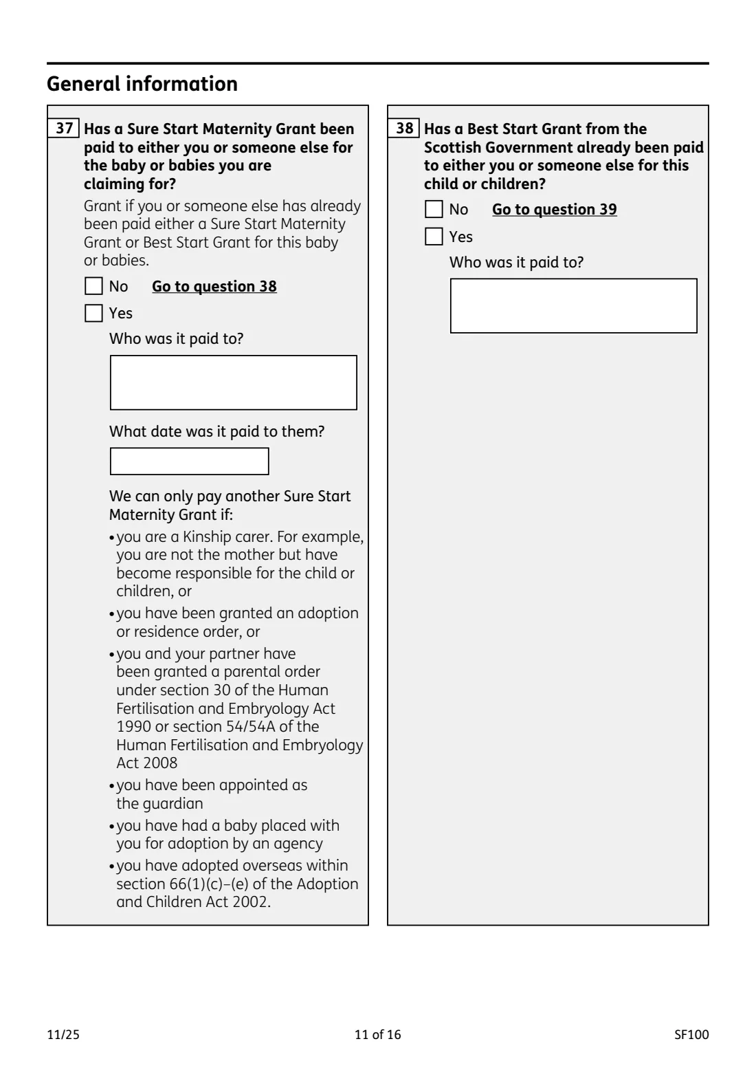 SF100 Sure Start Maternity Grant (2025) Sure Start Maternity Grant claim form — page 11 of 16
