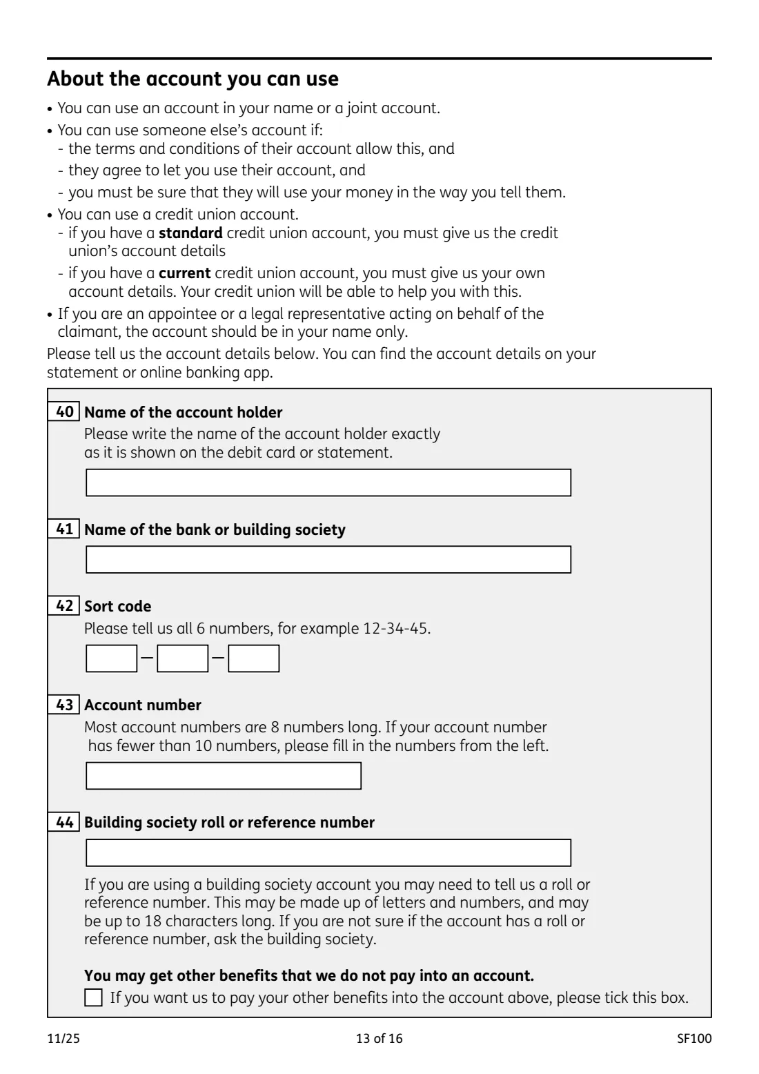 SF100 Sure Start Maternity Grant (2025) Sure Start Maternity Grant claim form — page 13 of 16