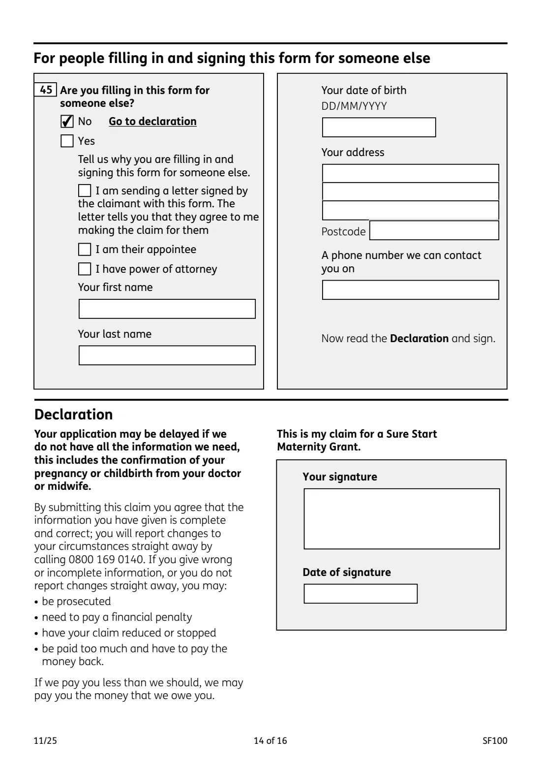 SF100 Sure Start Maternity Grant (2025) Sure Start Maternity Grant claim form — page 14 of 16