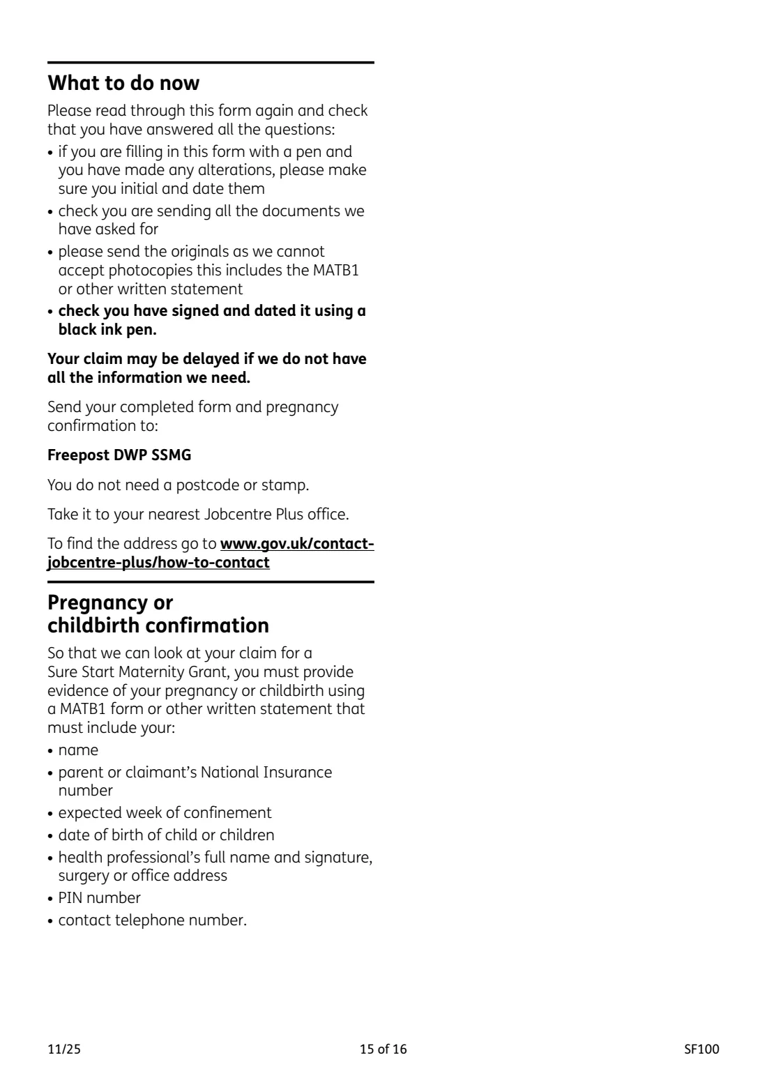 SF100 Sure Start Maternity Grant (2025) Sure Start Maternity Grant claim form — page 15 of 16