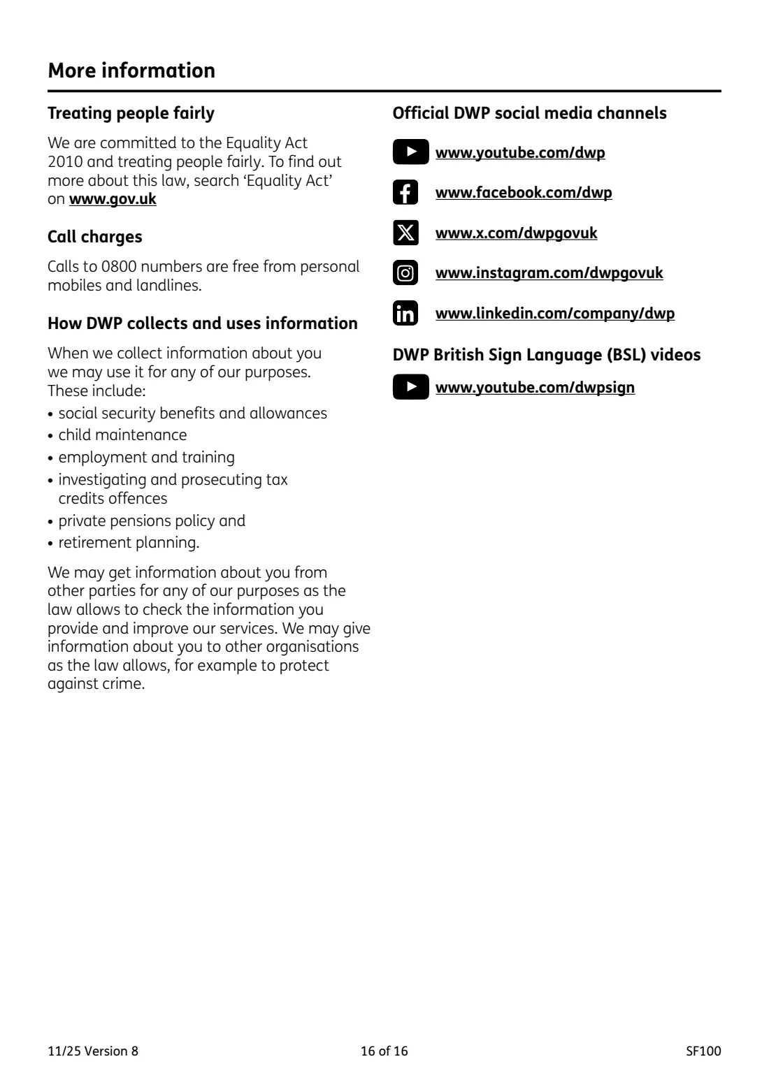 SF100 Sure Start Maternity Grant (2025) Sure Start Maternity Grant claim form — page 16 of 16