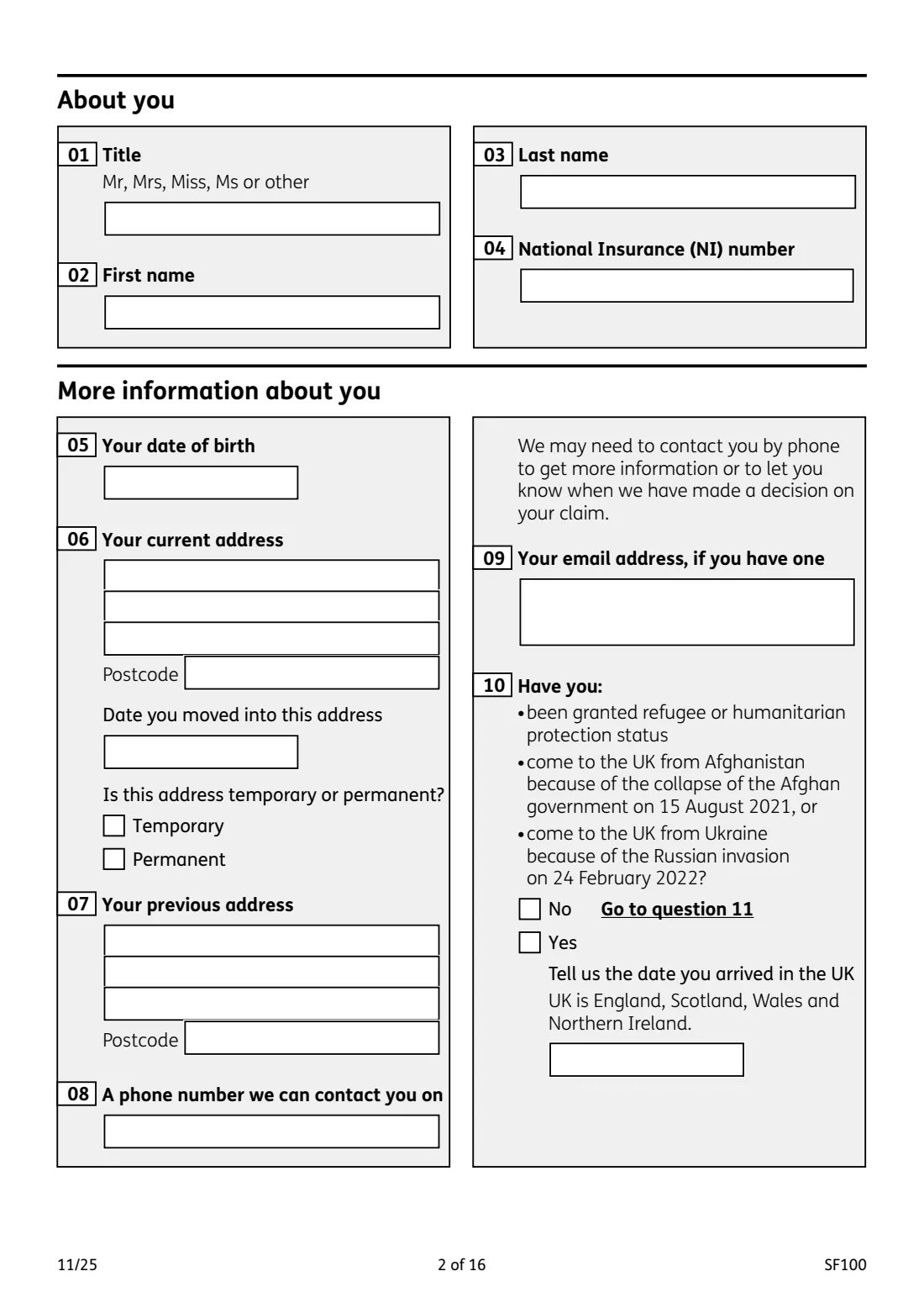 SF100 Sure Start Maternity Grant (2025) Sure Start Maternity Grant claim form — page 2 of 16
