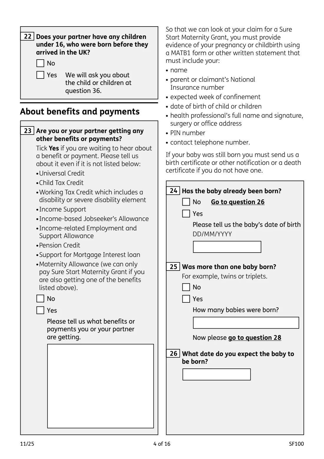SF100 Sure Start Maternity Grant (2025) Sure Start Maternity Grant claim form — page 4 of 16