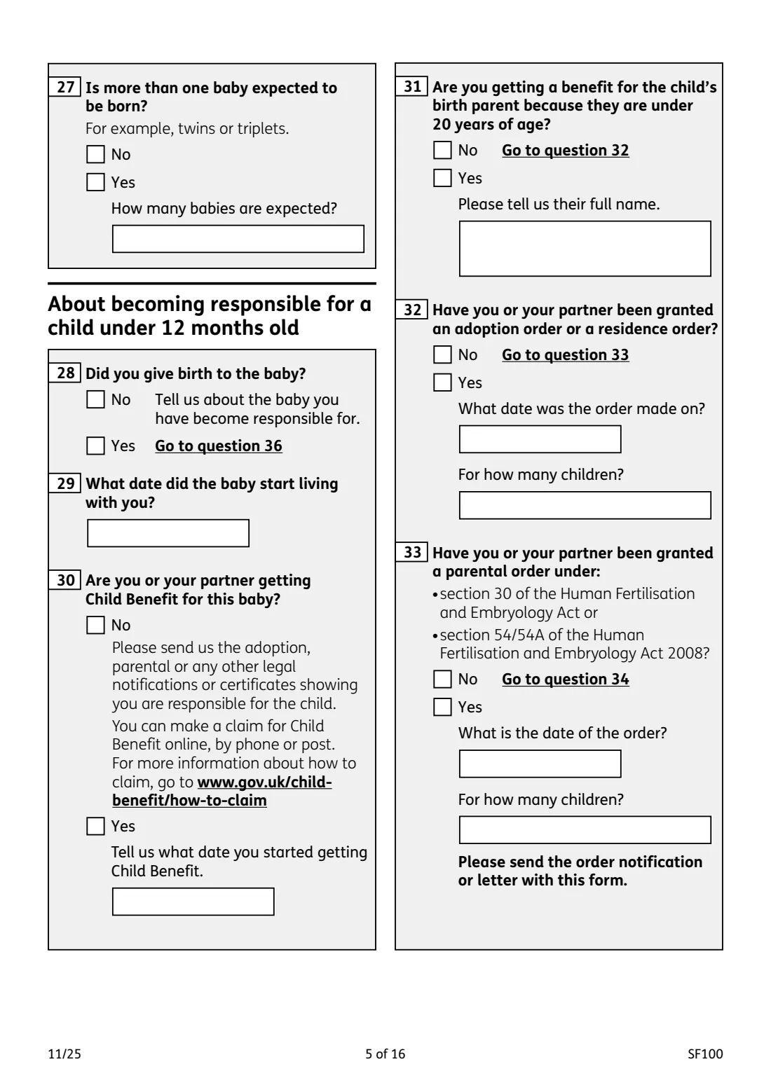 SF100 Sure Start Maternity Grant (2025) Sure Start Maternity Grant claim form — page 5 of 16