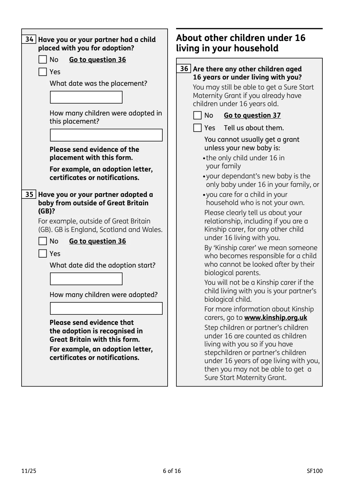 SF100 Sure Start Maternity Grant (2025) Sure Start Maternity Grant claim form — page 6 of 16