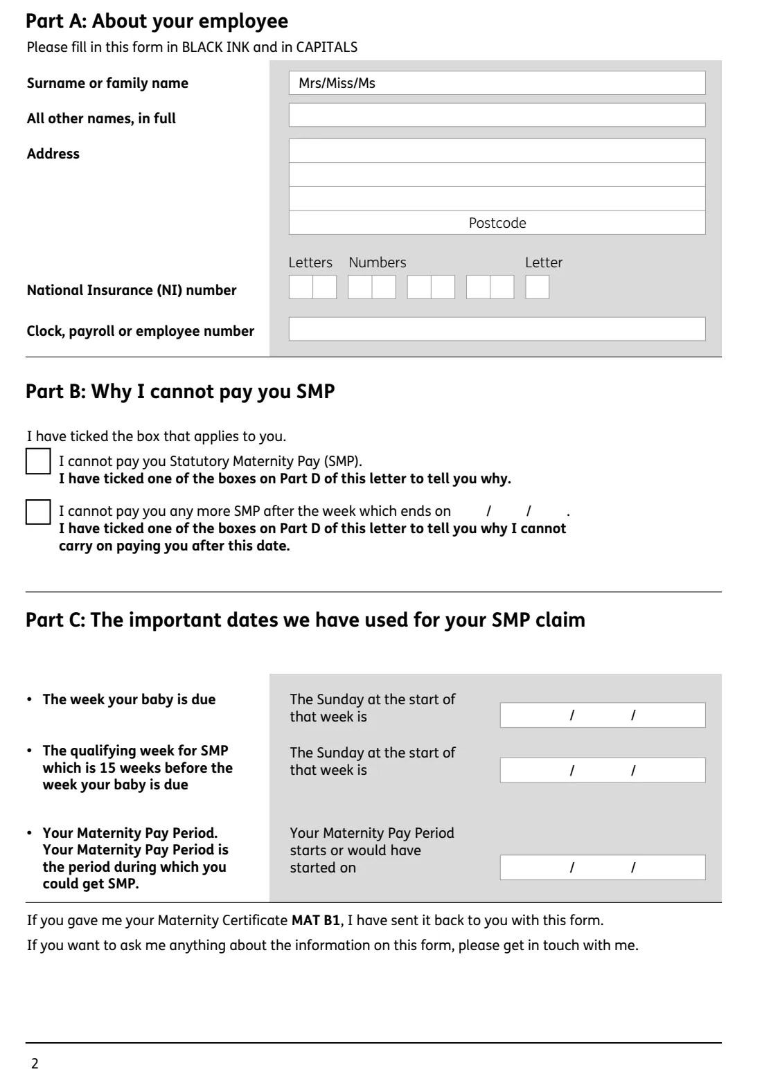 SMP1 Statutory Maternity Pay: employee not entitled (2025) Statutory Maternity Pay: employee not entitled – form for employers (SMP1) — page 2 of 4