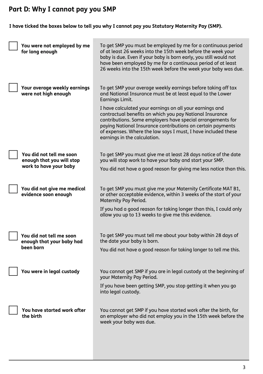 SMP1 Statutory Maternity Pay: employee not entitled (2025) Statutory Maternity Pay: employee not entitled – form for employers (SMP1) — page 3 of 4