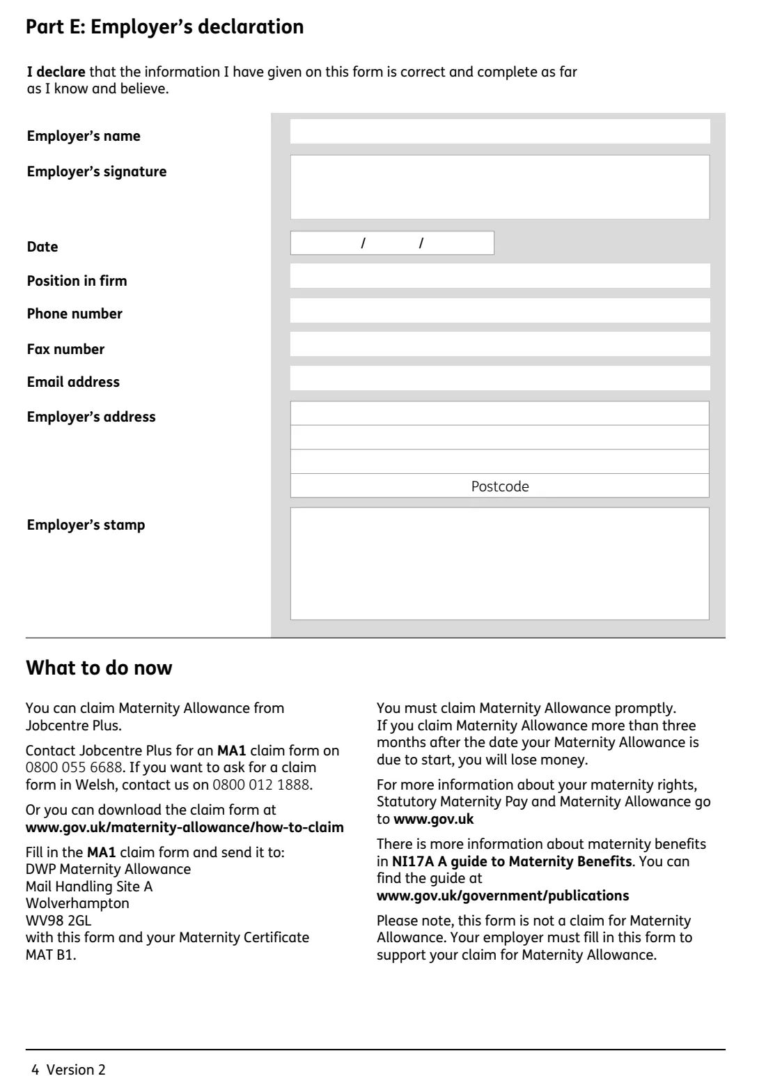 SMP1 Statutory Maternity Pay: employee not entitled (2025) Statutory Maternity Pay: employee not entitled – form for employers (SMP1) — page 4 of 4