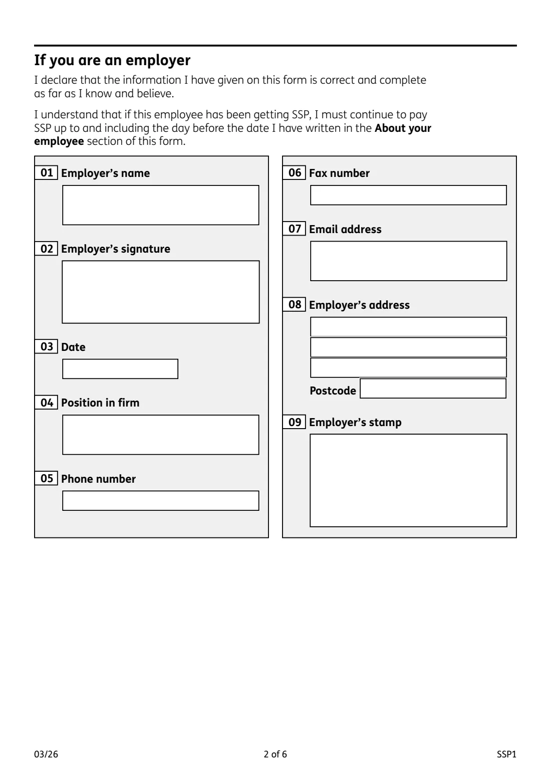 SSP1 Statutory Sick Pay: employee not entitled (2026) Employer form SSP1: Statutory Sick Pay and an employee's claim for benefit — page 2 of 6