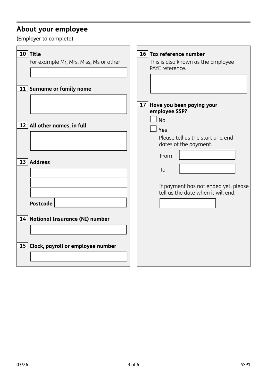 SSP1 Statutory Sick Pay: employee not entitled (2026) Employer form SSP1: Statutory Sick Pay and an employee's claim for benefit — page 3 of 6
