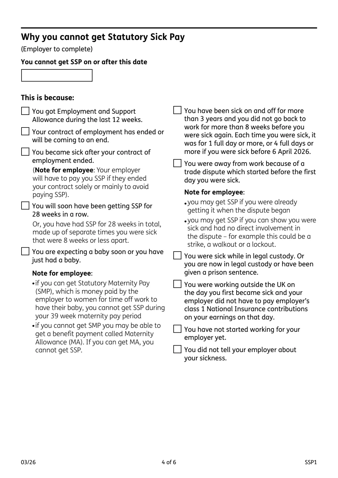 SSP1 Statutory Sick Pay: employee not entitled (2026) Employer form SSP1: Statutory Sick Pay and an employee's claim for benefit — page 4 of 6