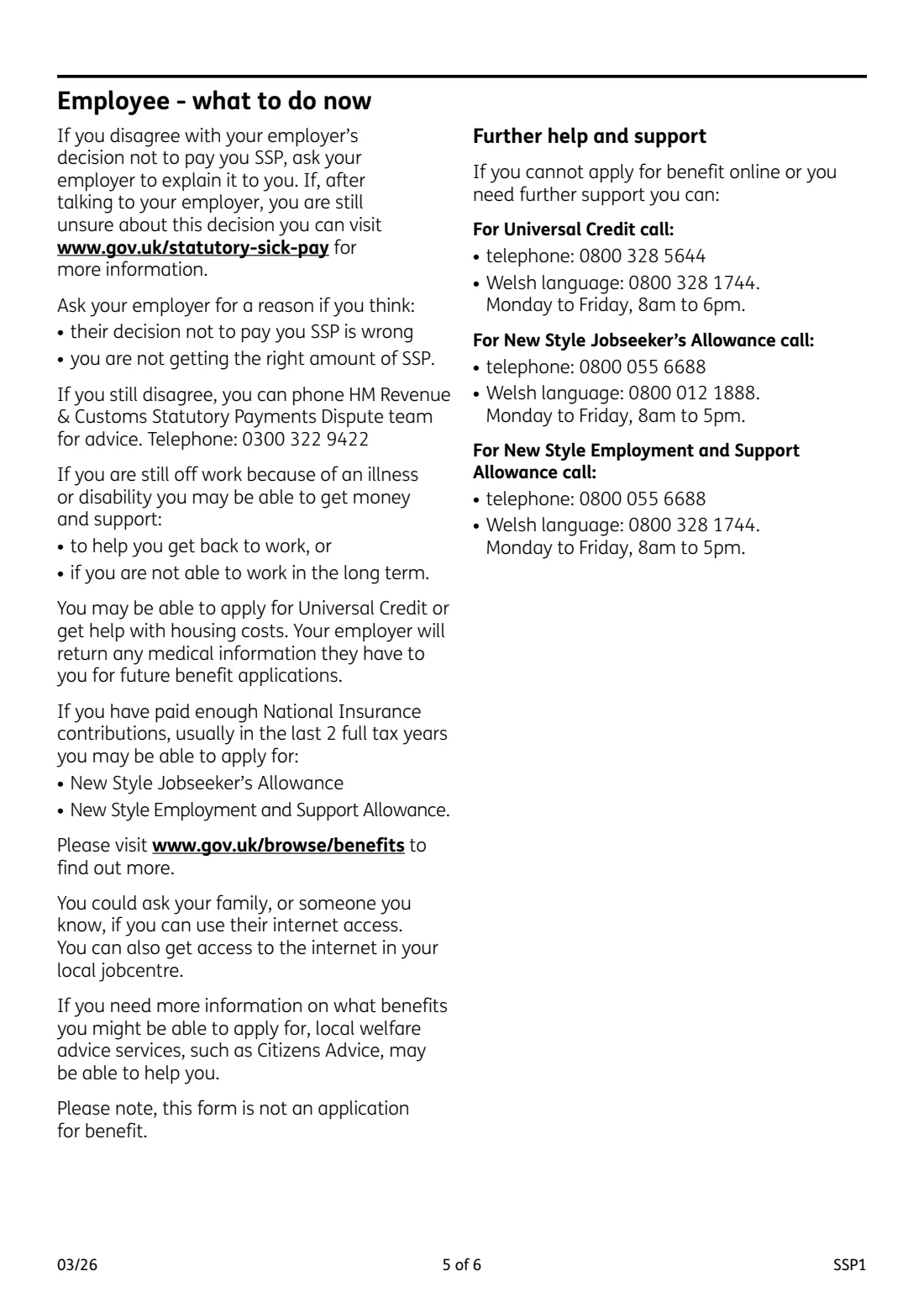 SSP1 Statutory Sick Pay: employee not entitled (2026) Employer form SSP1: Statutory Sick Pay and an employee's claim for benefit — page 5 of 6