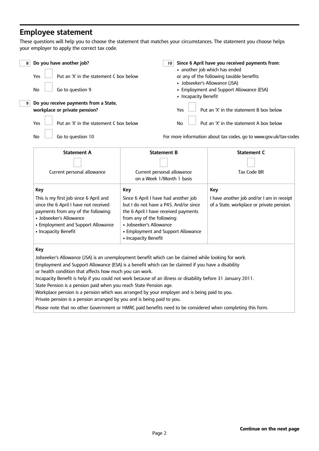 HMRC Starter checklist (2025) Starter checklist — tell your employer of your circumstances so that you do not pay too much or too little tax — page 2 of 4