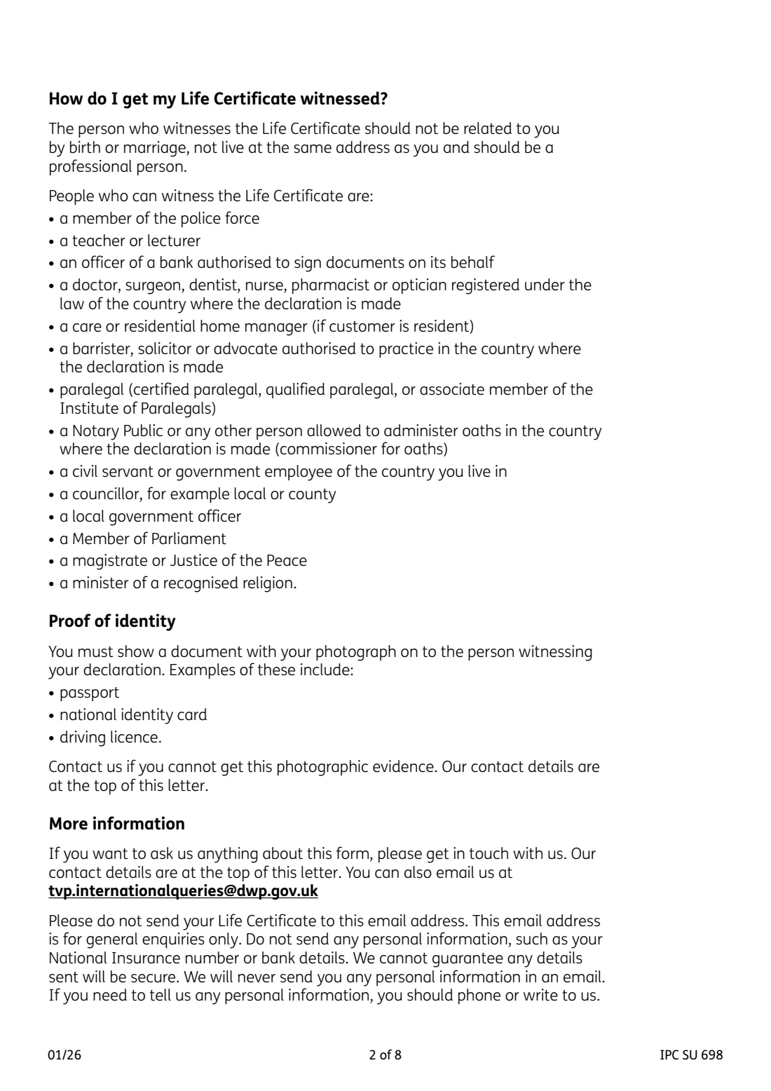 Life Certificate (IPC SU 698) (2026) Life Certificate for a UK State Pension — page 2 of 8