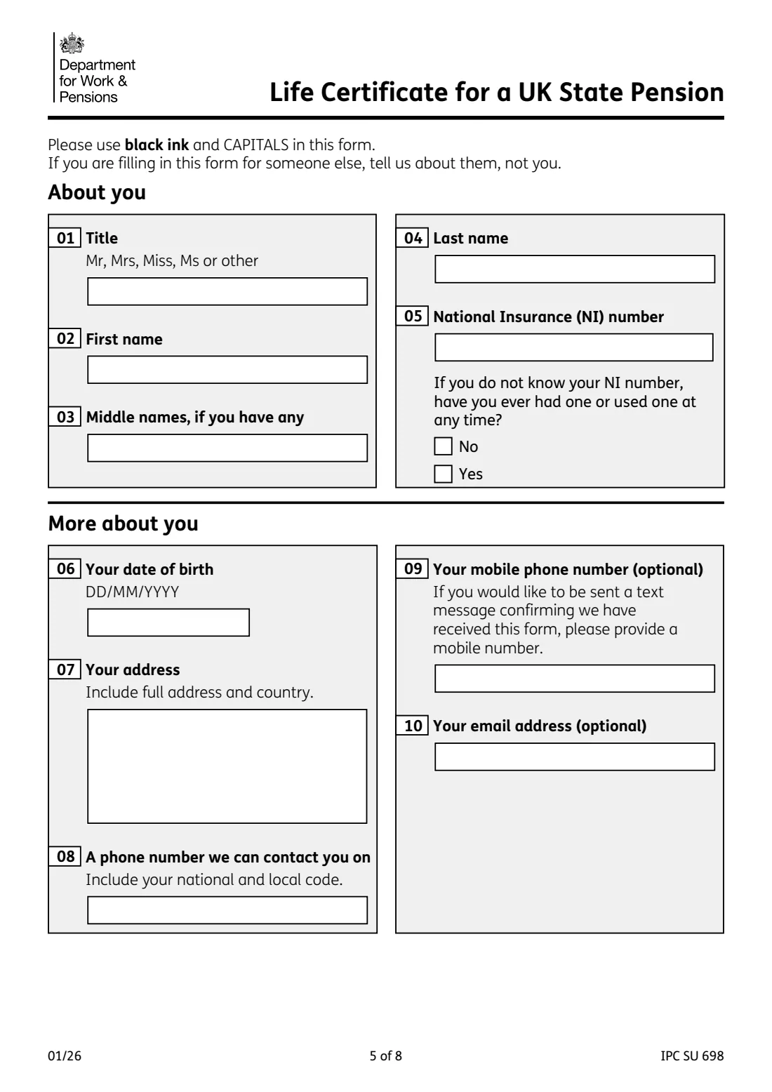 Life Certificate (IPC SU 698) (2026) Life Certificate for a UK State Pension — page 5 of 8