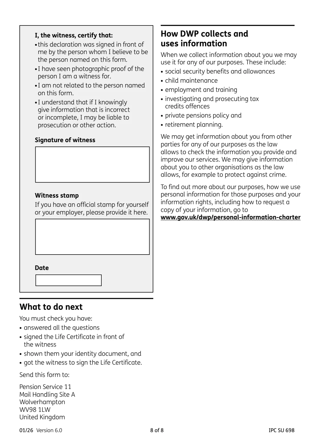 Life Certificate (IPC SU 698) (2026) Life Certificate for a UK State Pension — page 8 of 8