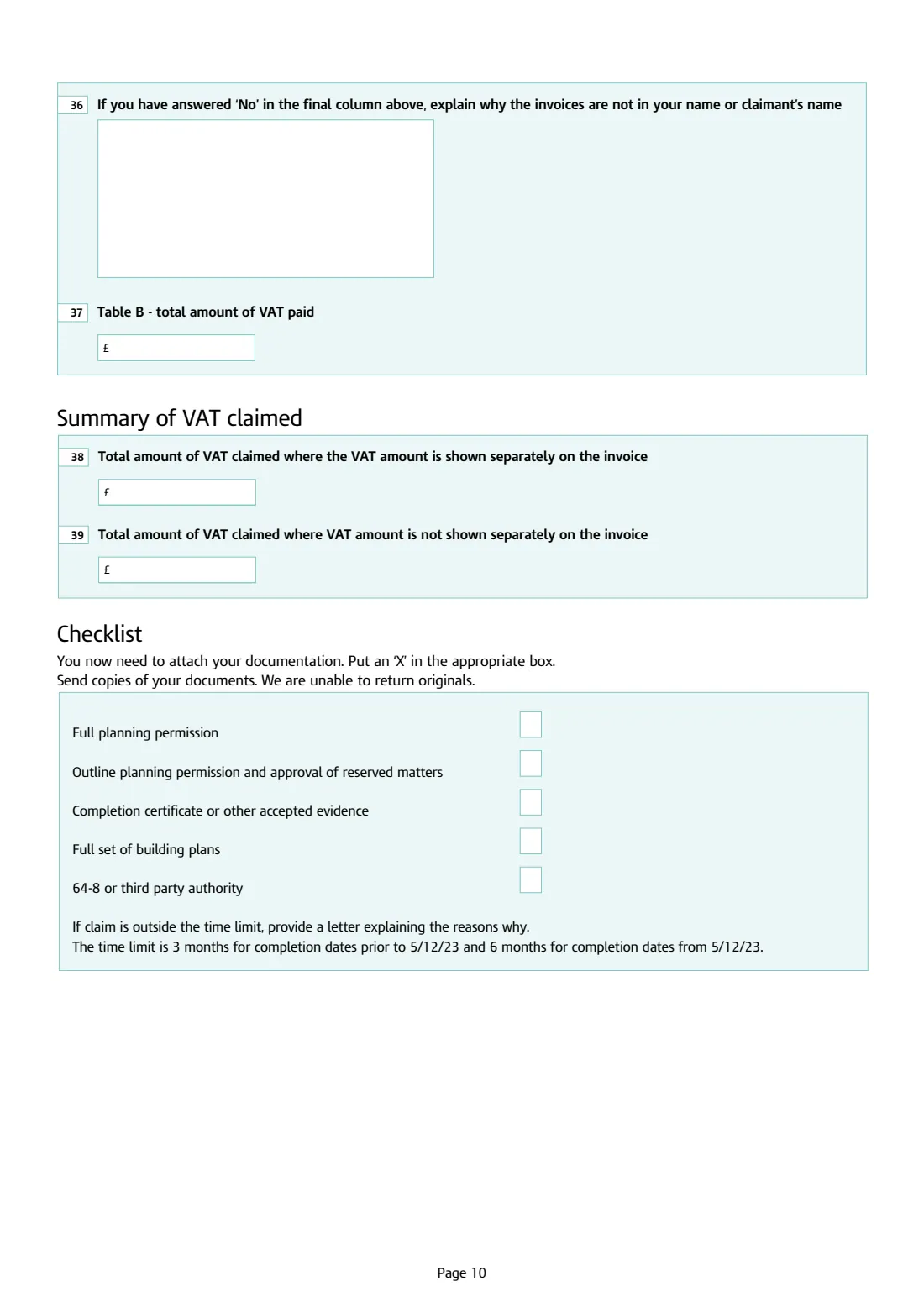 HMRC VAT431NB DIY housebuilder refund (2023) VAT refunds for DIY housebuilders — claim form for new houses — page 10 of 11