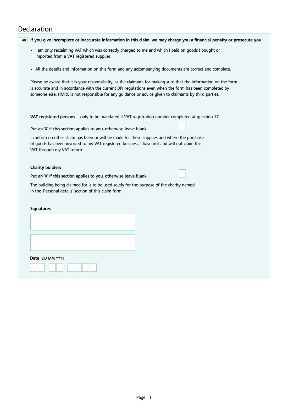 HMRC VAT431NB DIY housebuilder refund (2023) VAT refunds for DIY housebuilders — claim form for new houses — page 11 of 11