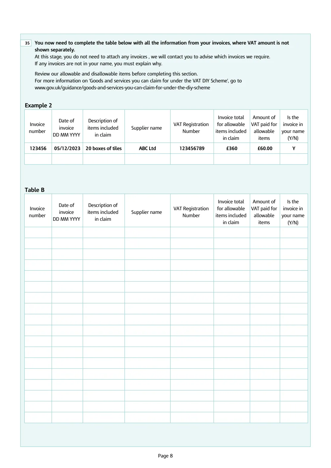 HMRC VAT431NB DIY housebuilder refund (2023) VAT refunds for DIY housebuilders — claim form for new houses — page 8 of 11