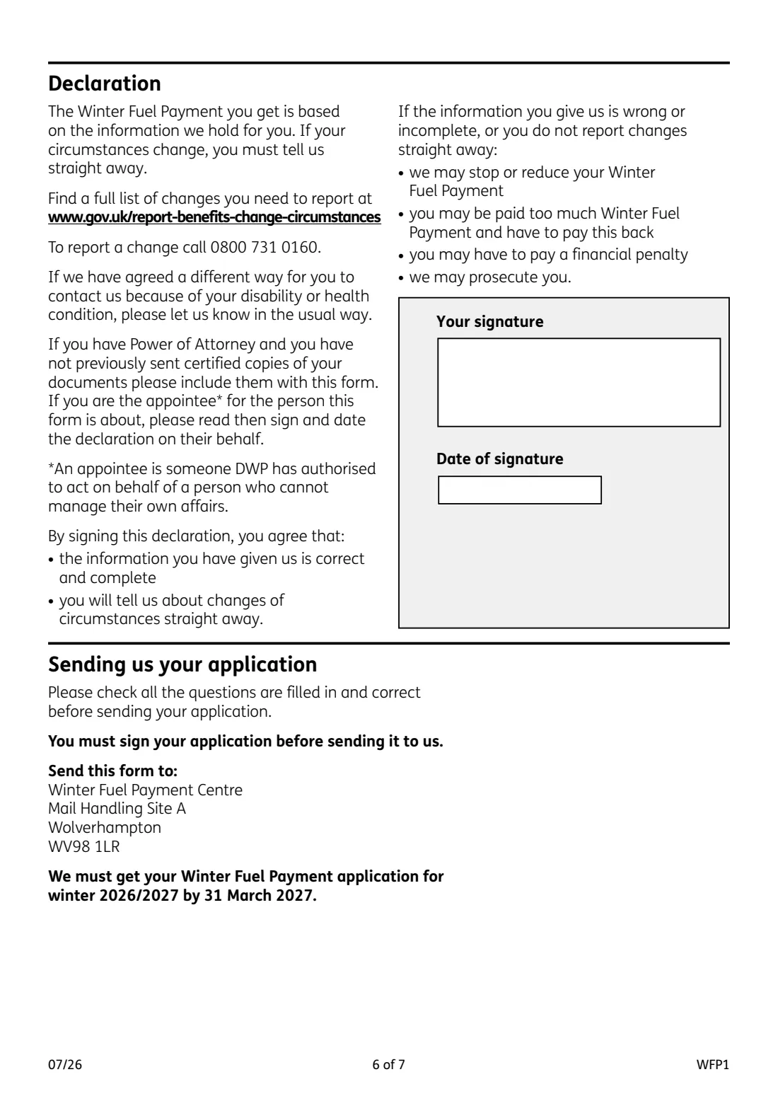 WFP1 Winter Fuel Payment claim (2026) Winter Fuel Payment claim form 2026 to 2027 — page 6 of 7