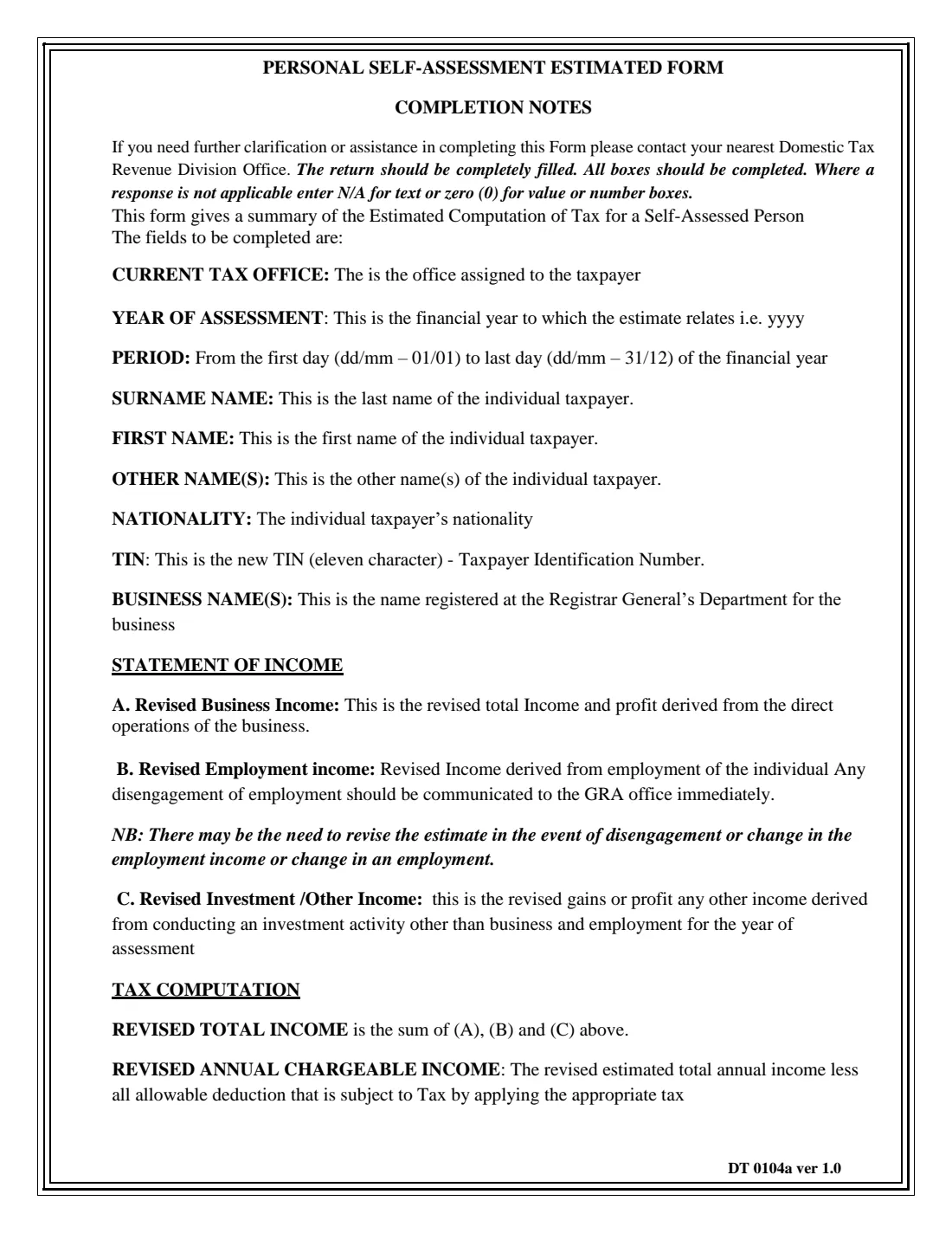GRA DT 0104a revised estimate (2020) Personal Income Tax Form — Revised Annual Estimate — page 3 of 4