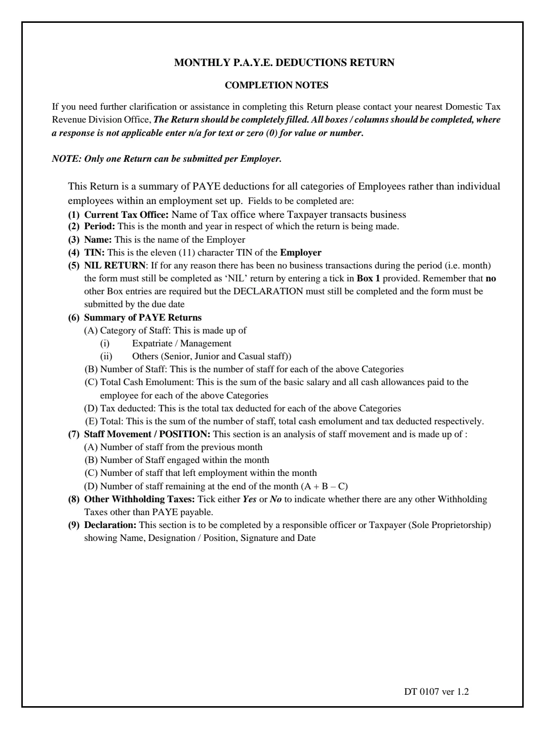 GRA DT 0107 monthly PAYE return (2020) Monthly P.A.Y.E. Deductions Return — page 2 of 2