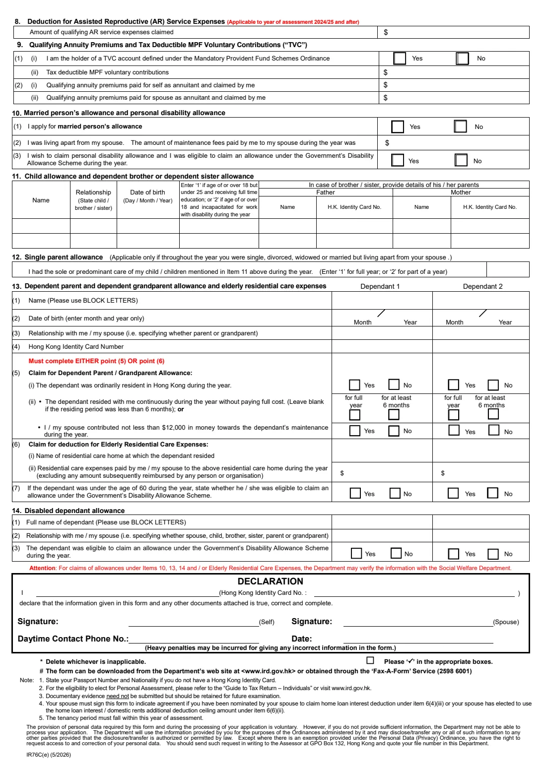 Form IR76C (2026) Election for Personal Assessment and Claim for Deductions & Allowances — page 2 of 2