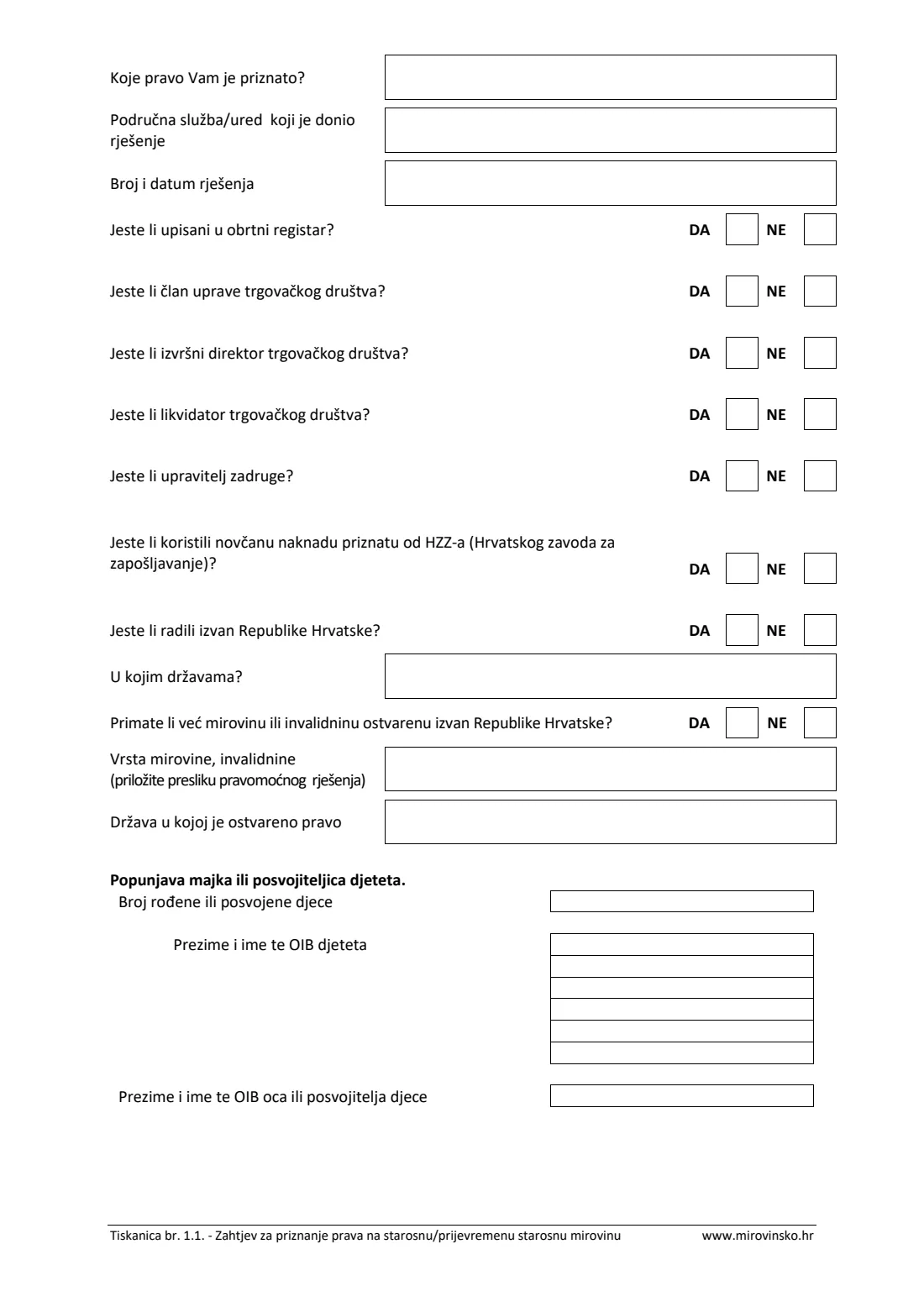 HZMO form 1.1 (old-age pension) (2025) Application for an old-age or early old-age pension (Zahtjev za priznanje prava na starosnu / prijevremenu starosnu mirovinu, Tiskanica 1.1) — page 2 of 7