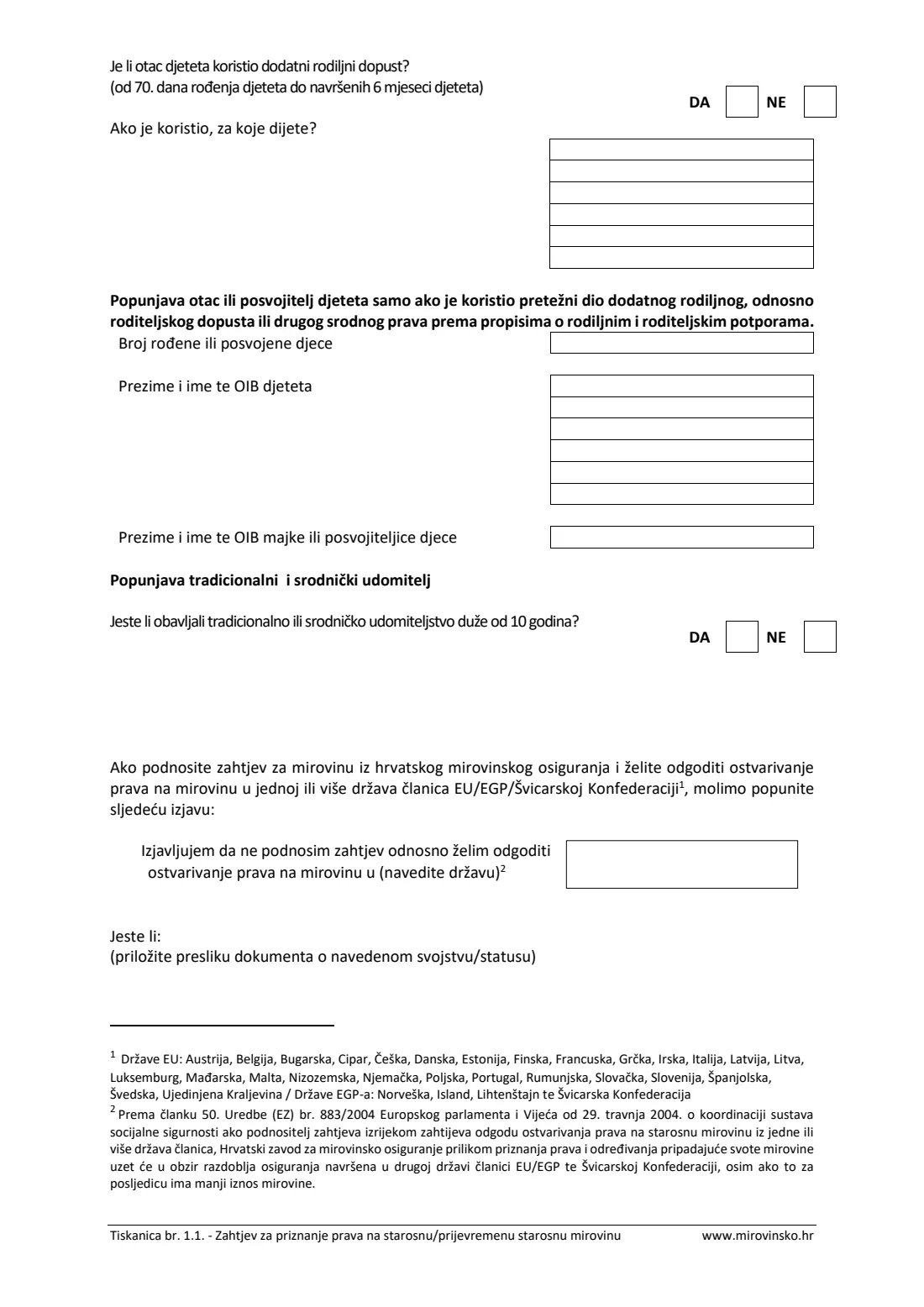HZMO form 1.1 (old-age pension) (2025) Application for an old-age or early old-age pension (Zahtjev za priznanje prava na starosnu / prijevremenu starosnu mirovinu, Tiskanica 1.1) — page 3 of 7