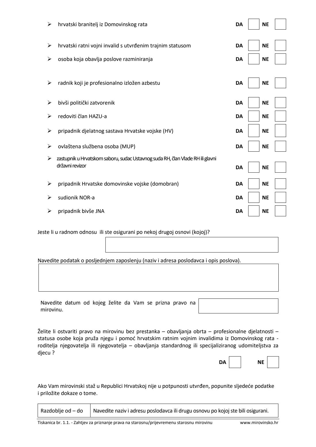 HZMO form 1.1 (old-age pension) (2025) Application for an old-age or early old-age pension (Zahtjev za priznanje prava na starosnu / prijevremenu starosnu mirovinu, Tiskanica 1.1) — page 4 of 7
