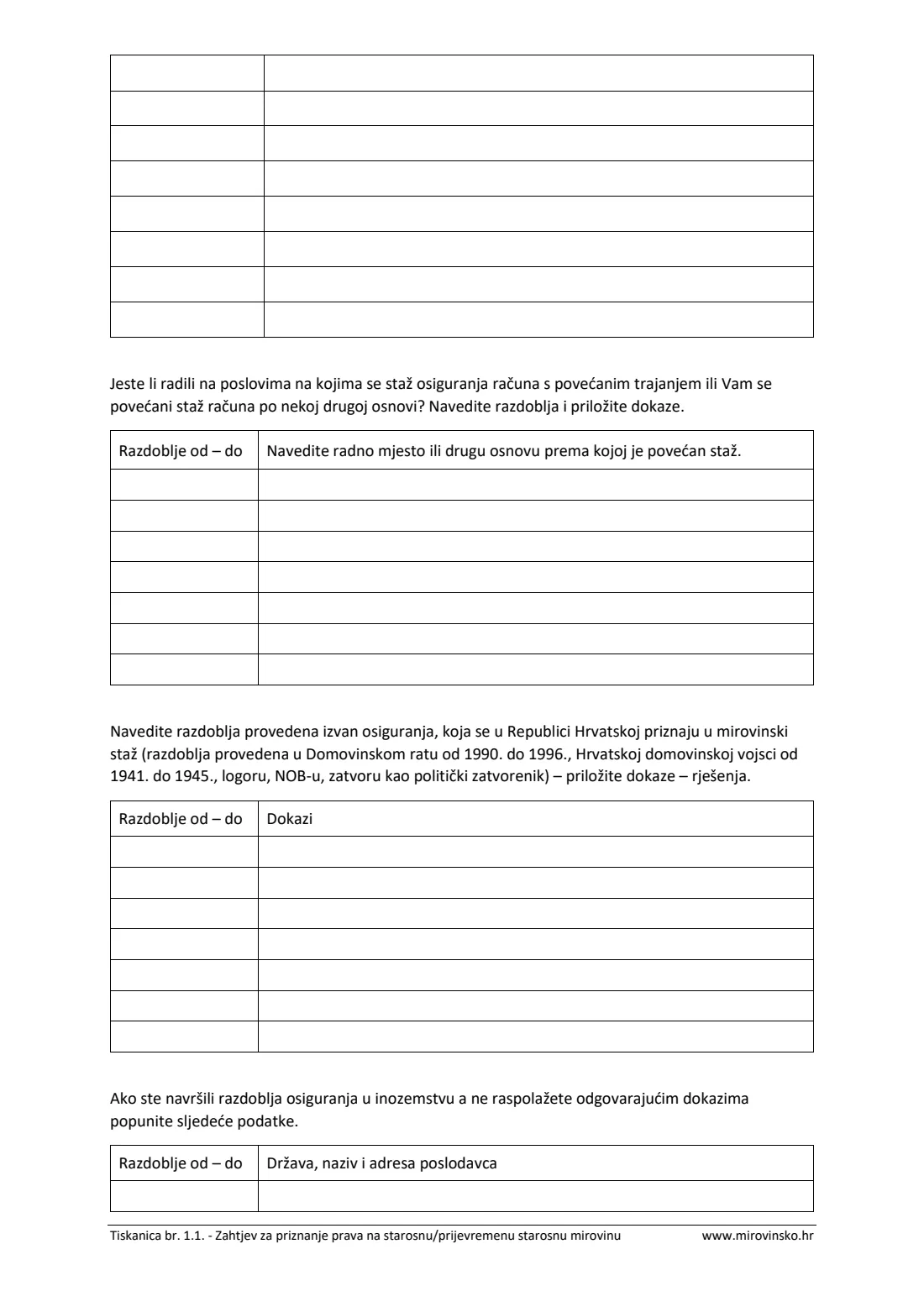 HZMO form 1.1 (old-age pension) (2025) Application for an old-age or early old-age pension (Zahtjev za priznanje prava na starosnu / prijevremenu starosnu mirovinu, Tiskanica 1.1) — page 5 of 7