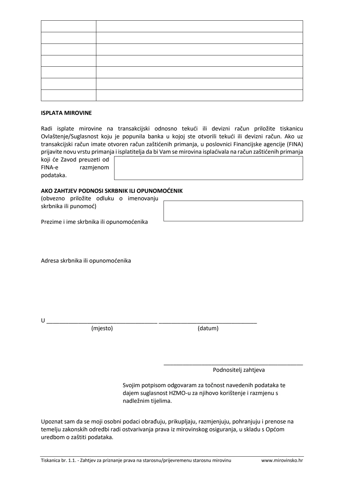 HZMO form 1.1 (old-age pension) (2025) Application for an old-age or early old-age pension (Zahtjev za priznanje prava na starosnu / prijevremenu starosnu mirovinu, Tiskanica 1.1) — page 6 of 7