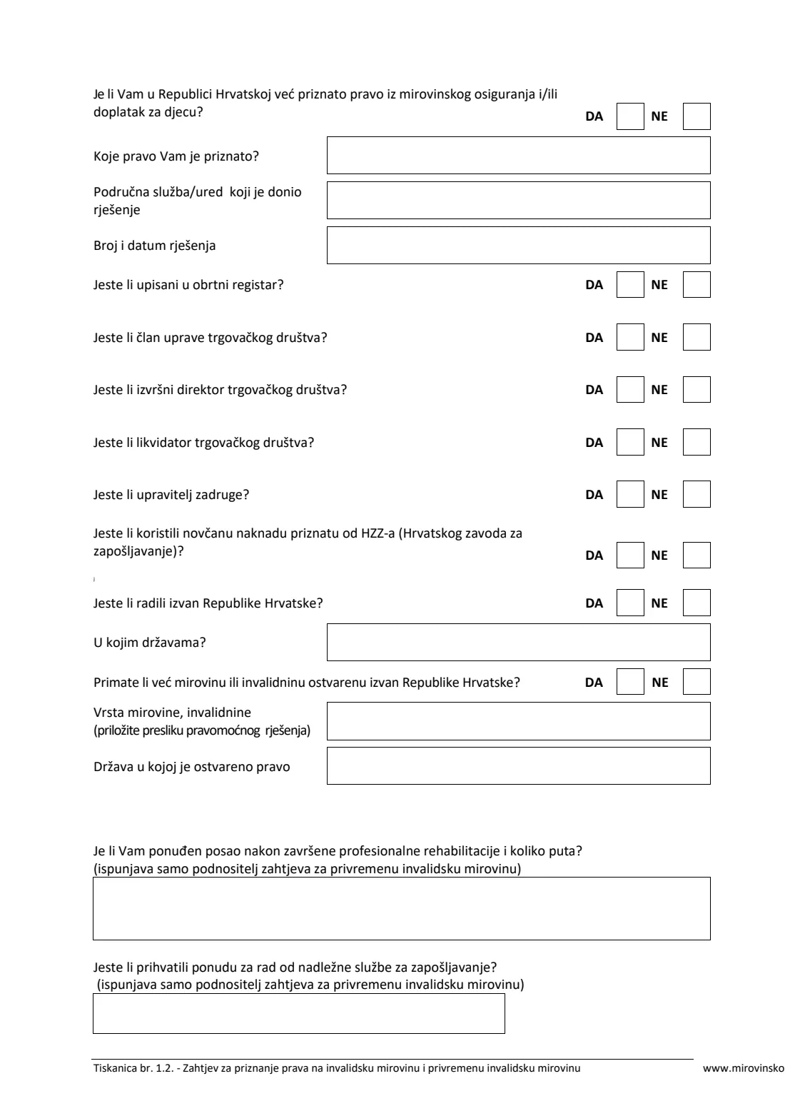 HZMO form 1.2 (disability pension) (2025) Application for a disability pension or temporary disability pension (Zahtjev za priznanje prava na invalidsku mirovinu / ocjenu radne sposobnosti i privremenu invalidsku mirovinu, Tiskanica 1.2) — page 2 of 7